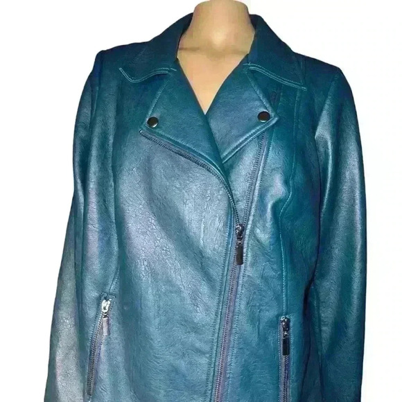 NWOT Alfani Women's Asymmetrical Zip Teal Faux Leather Jacket size 1X - Picture 5 of 13